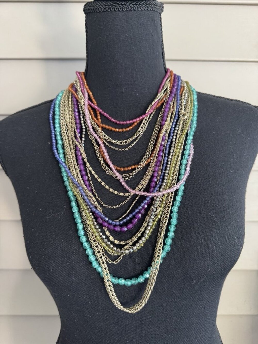 Vintage Sequin Brand Beaded Crystal Chain Multi Color Layered Statement Necklace